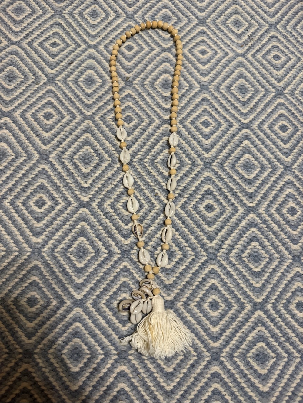 Long Seashell and Wood Bead Statement Necklace with Tassel - Natural
